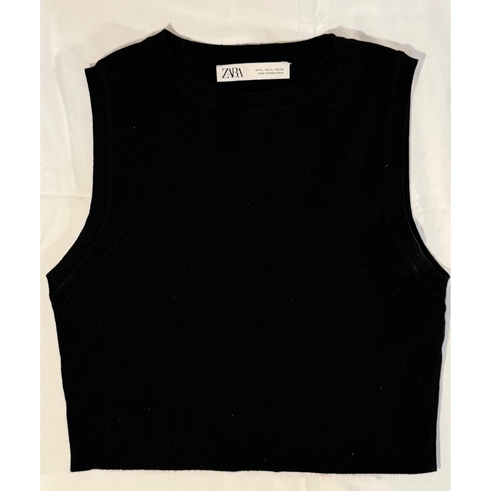 Zara Womens Ribbed Knit Sleeveless Top Crew Neck Black Cropped Tank XL